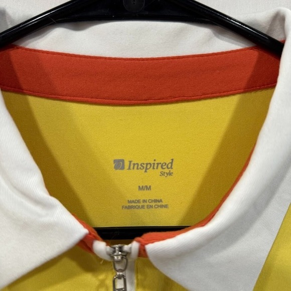 Inspired Style Golf Polo Shirt Womens M Yellow‎ Zip Collar Geometric Sides - Picture 3 of 5